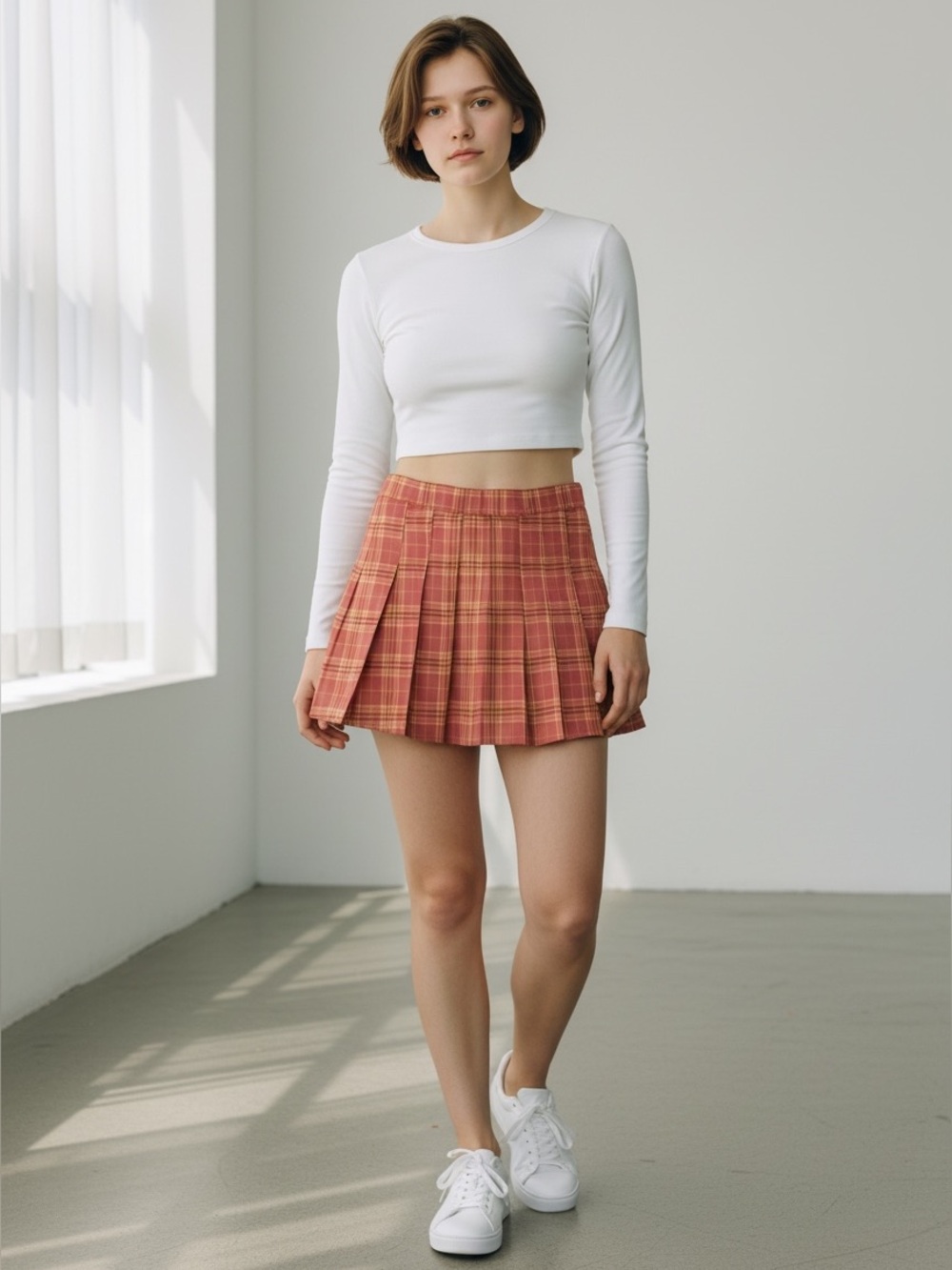 Tenniscore classic pleated plaid coral mini skirt built in short preppy small